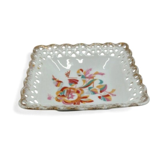 SQUARE Floral RETICULATED Small Bowl Dish Gold Accents Germany Vintage - Picture 4 of 8